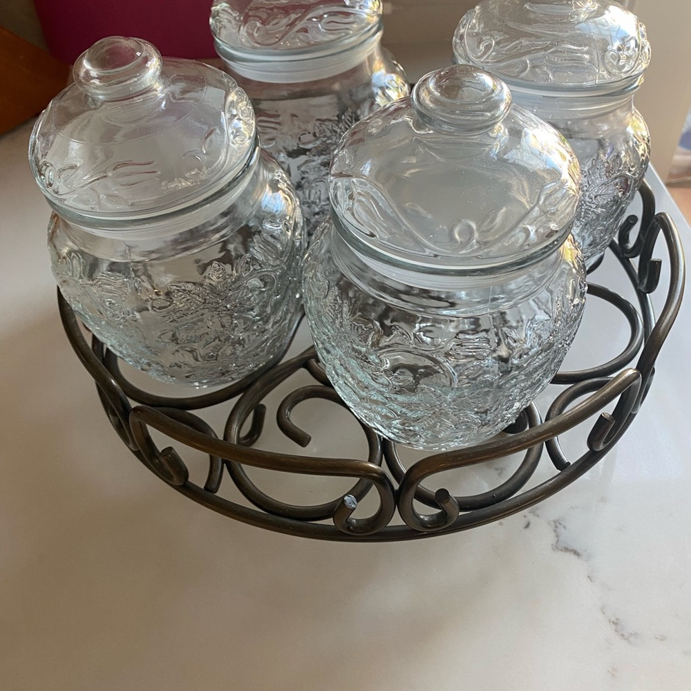 Princess House Clear Glass Canister Set with Bronze Metal Tray